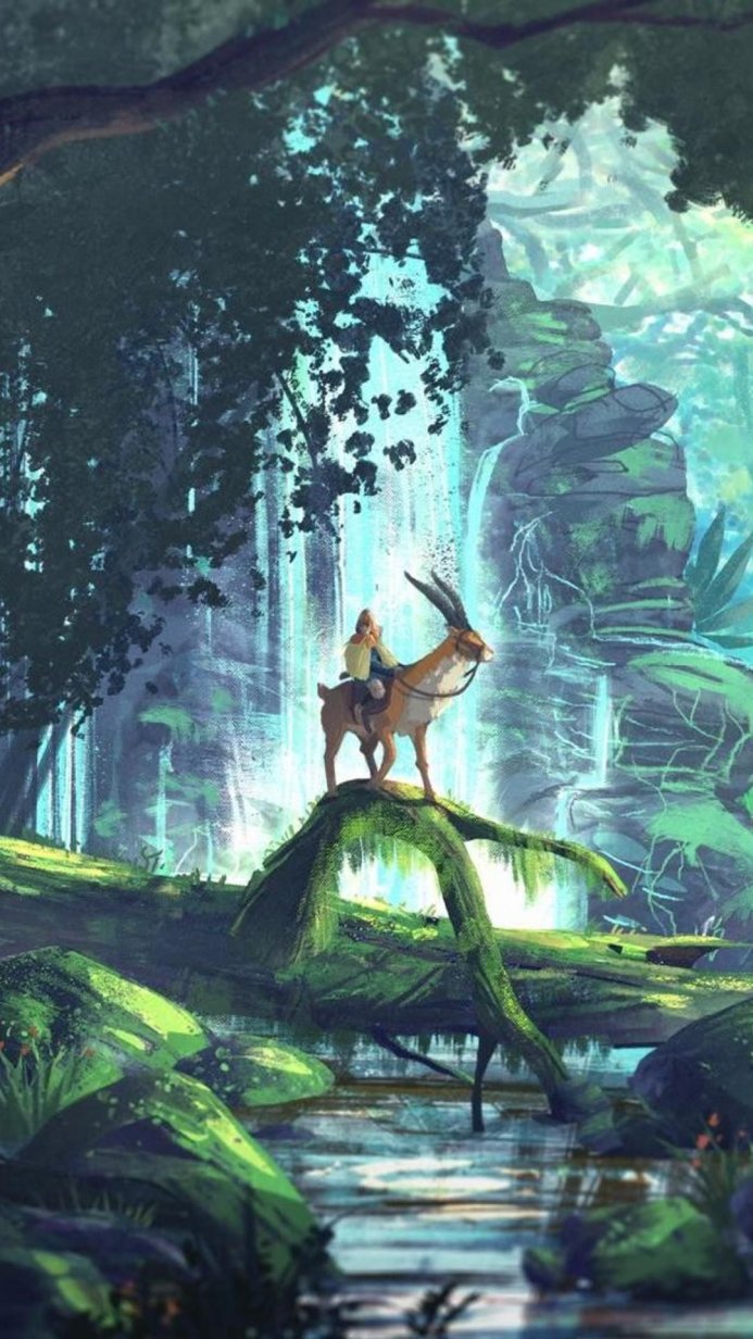 Person riding a deer-like creature in a lush forest near a waterfall