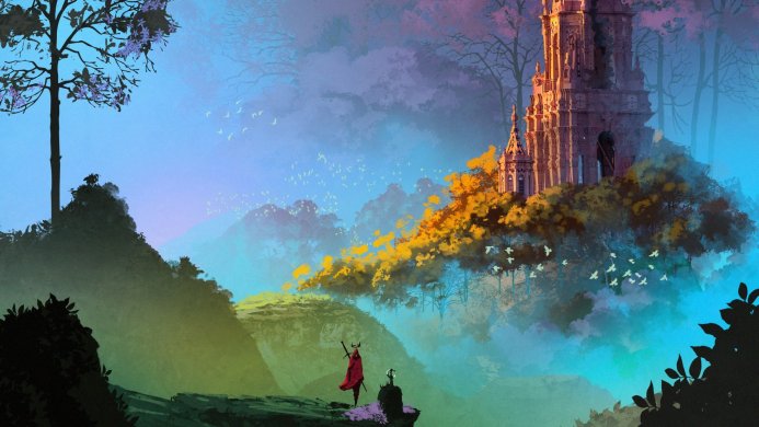 A lone figure stands on a cliff overlooking a vast landscape with a castle in the distance
