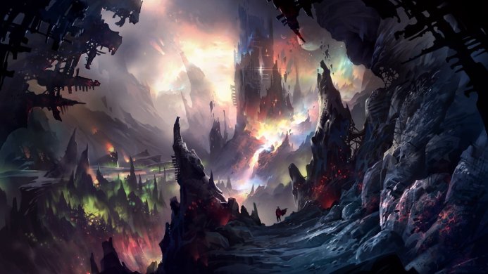 fantasy landscape with castle and flying machines