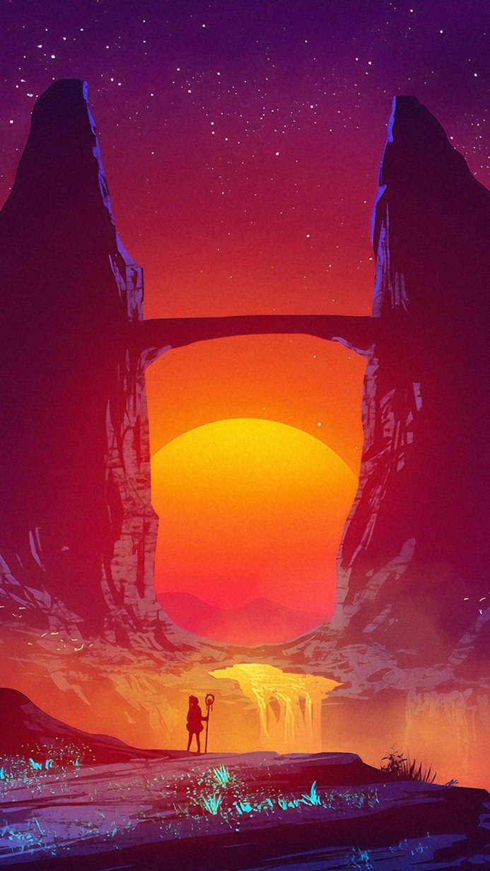 Silhouette of a person standing in front of a massive sun between two mountains with a bridge above