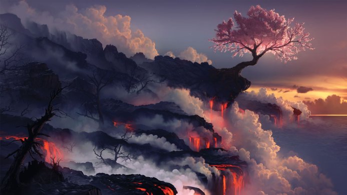 Fantasy landscape with a pink blossoming tree on a cliff above lava flows
