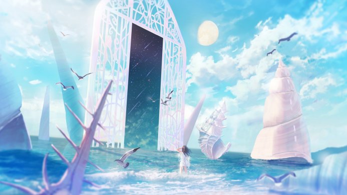 A girl standing in ocean with a large gate and shell structures under a blue sky with a full moon