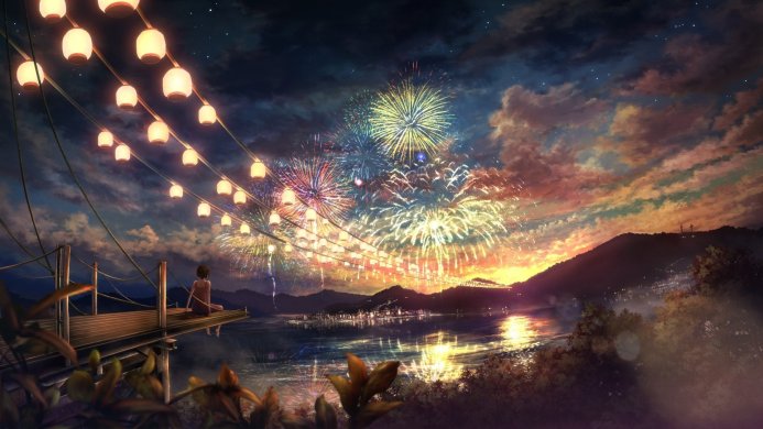 Fireworks over a lake at night, with lanterns and a figure sitting on a dock