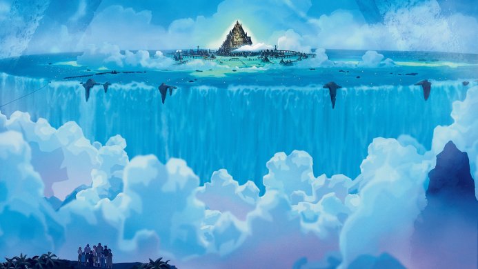 A floating island with a waterfall and people in the clouds below