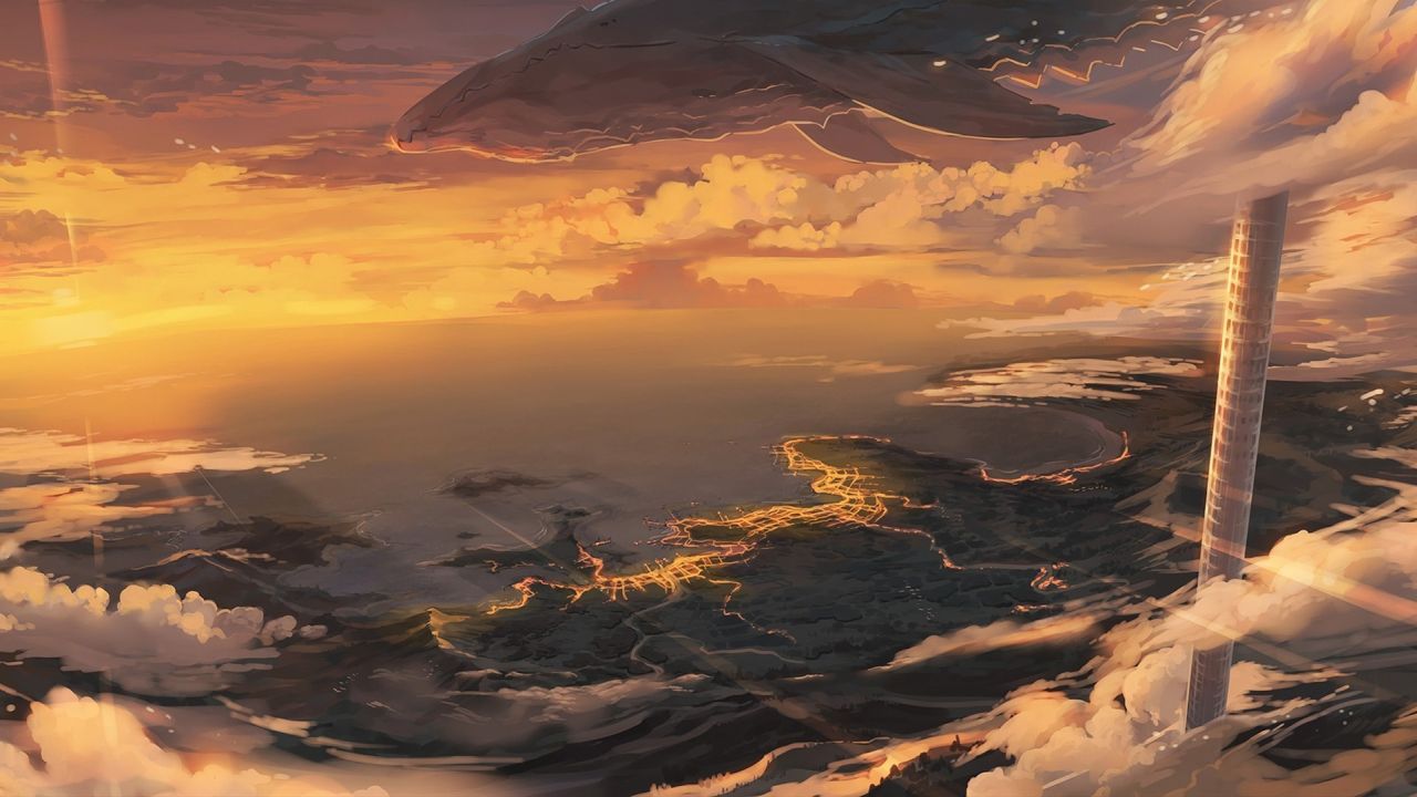 fantasy landscape flying creature tower sunset