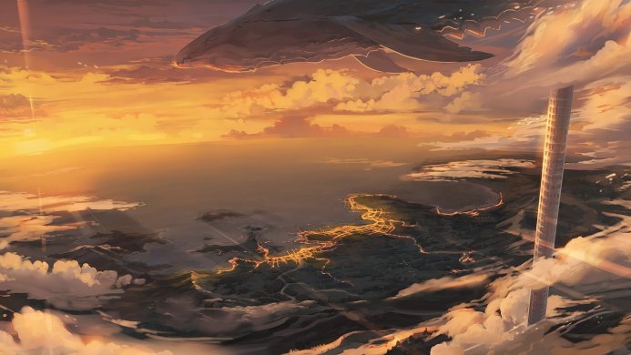 A flying whale over a futuristic city during a golden sunset, with clouds and tall towers