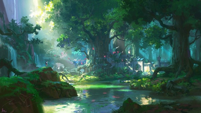 A village nestled in a vibrant forest with a river and a waterfall
