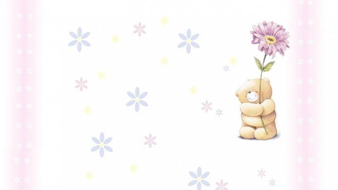 Forever Friends bear holding a flower on a white floral background