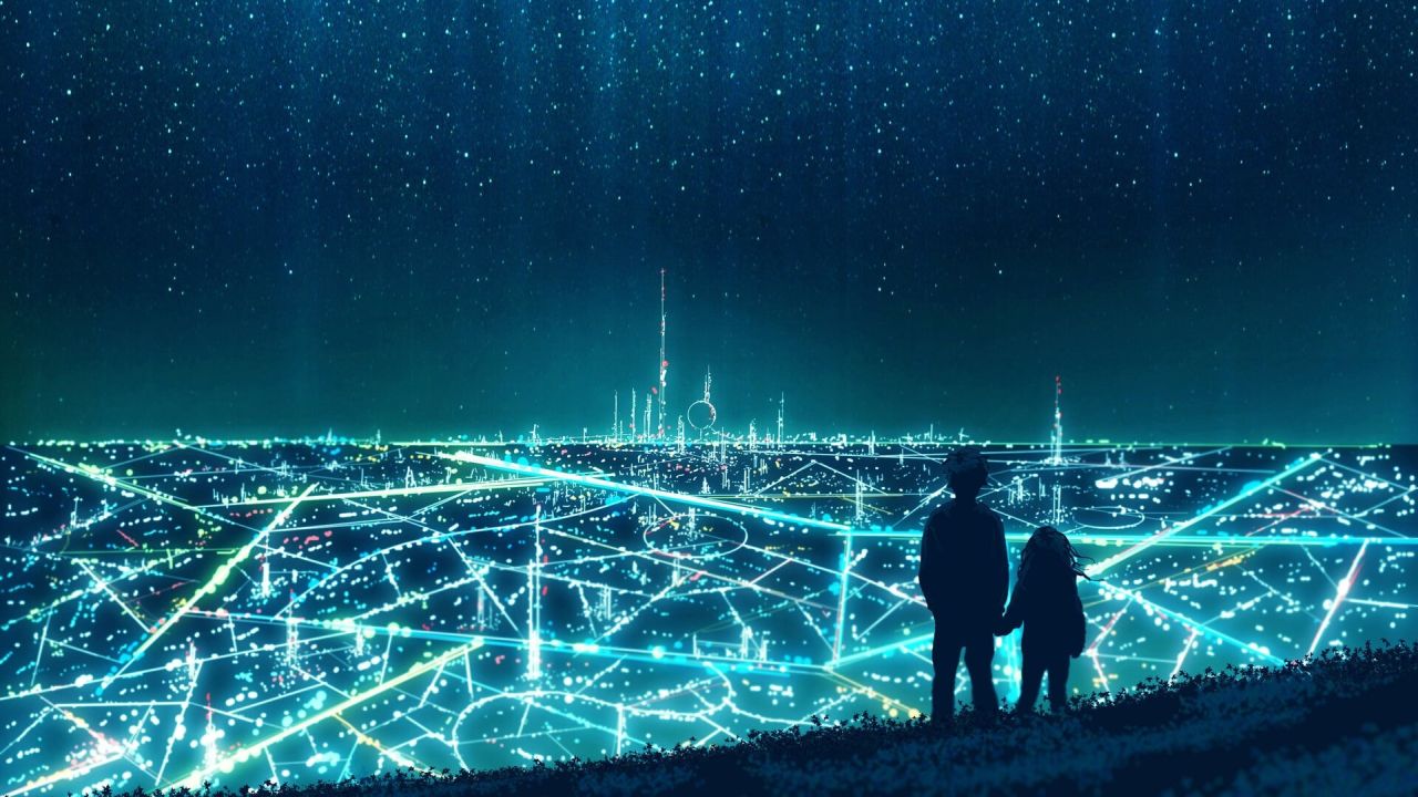 Silhouettes look at futuristic city lights under starry sky