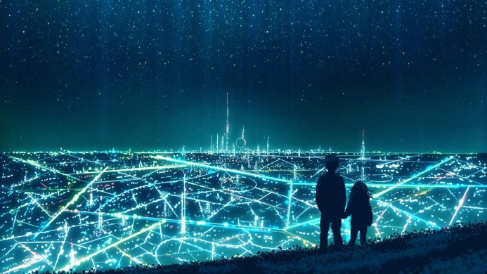 Two children silhouetted against a futuristic city skyline under a starry sky