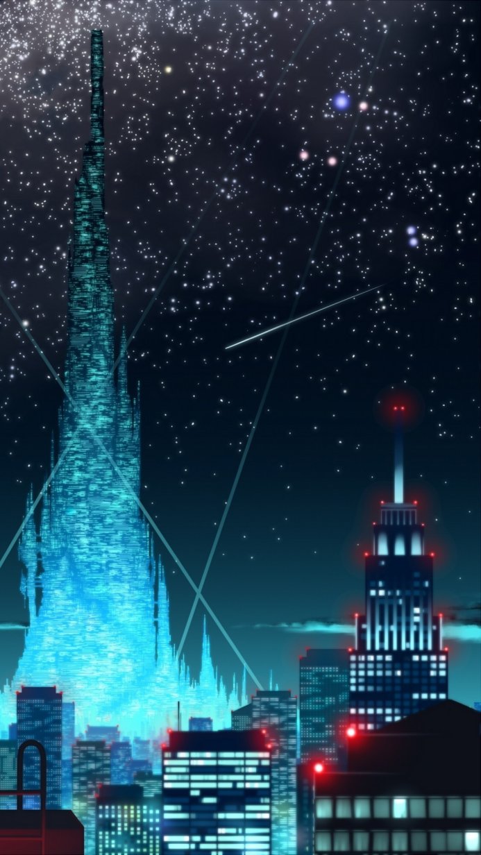 Futuristic city skyline at night with prominent skyscrapers and a star-filled sky