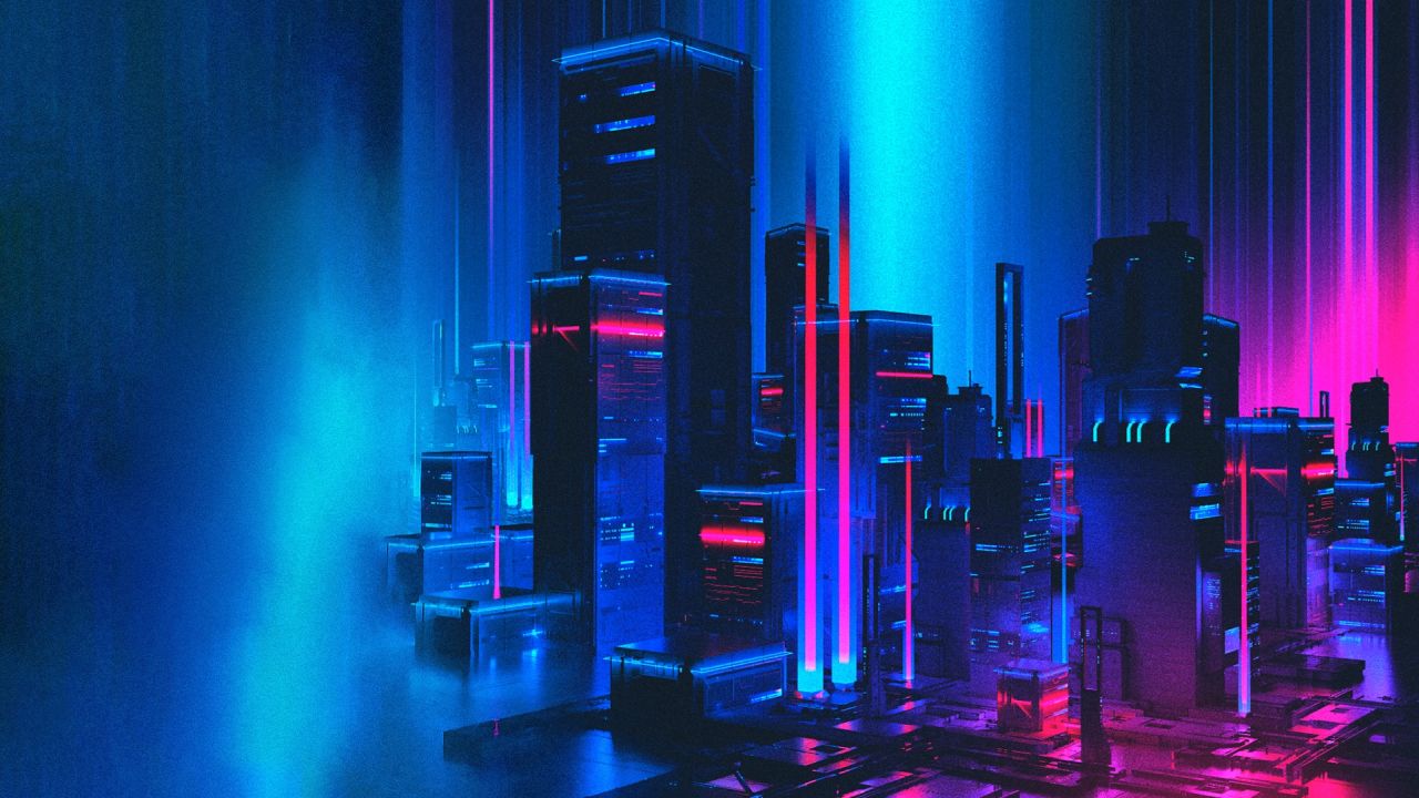 Futuristic digital city skyline blue and pink light