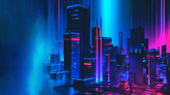 Futuristic cityscape with neon blue and pink lights, abstract urban environment