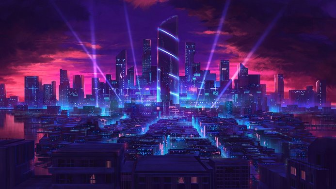 Futuristic cityscape with purple and blue lights under a pink and purple sky