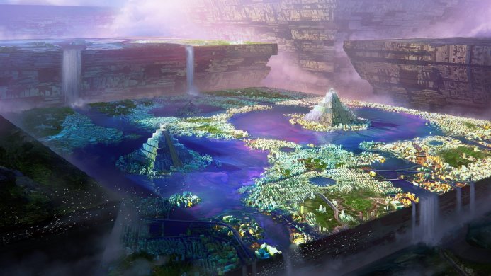 A futuristic city with pyramids and waterfalls, floating in the sky