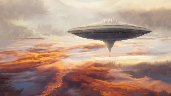 A futuristic city floats in the sky above a landscape of orange clouds
