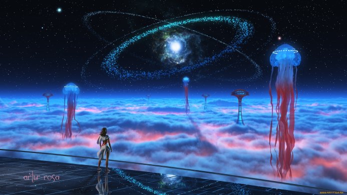 A woman gazes at glowing jellyfish-like structures above a cloudscape with futuristic cities and a cosmic backdrop
