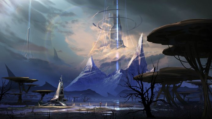 A futuristic landscape with mountains, unusual trees, and futuristic buildings reaching into the sky