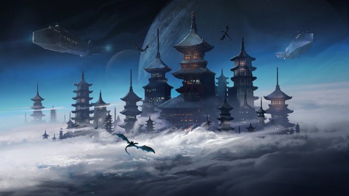 Futuristic pagodas and spaceships over clouds, with flying dragons