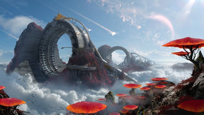Futuristic space station on an alien planet with giant mushrooms and a cloudy sky