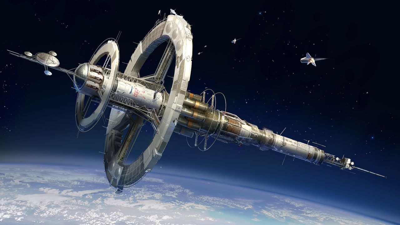 Large space station orbiting Earth with spacecraft
