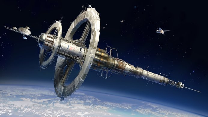 A futuristic space station orbiting Earth with smaller spacecrafts in view
