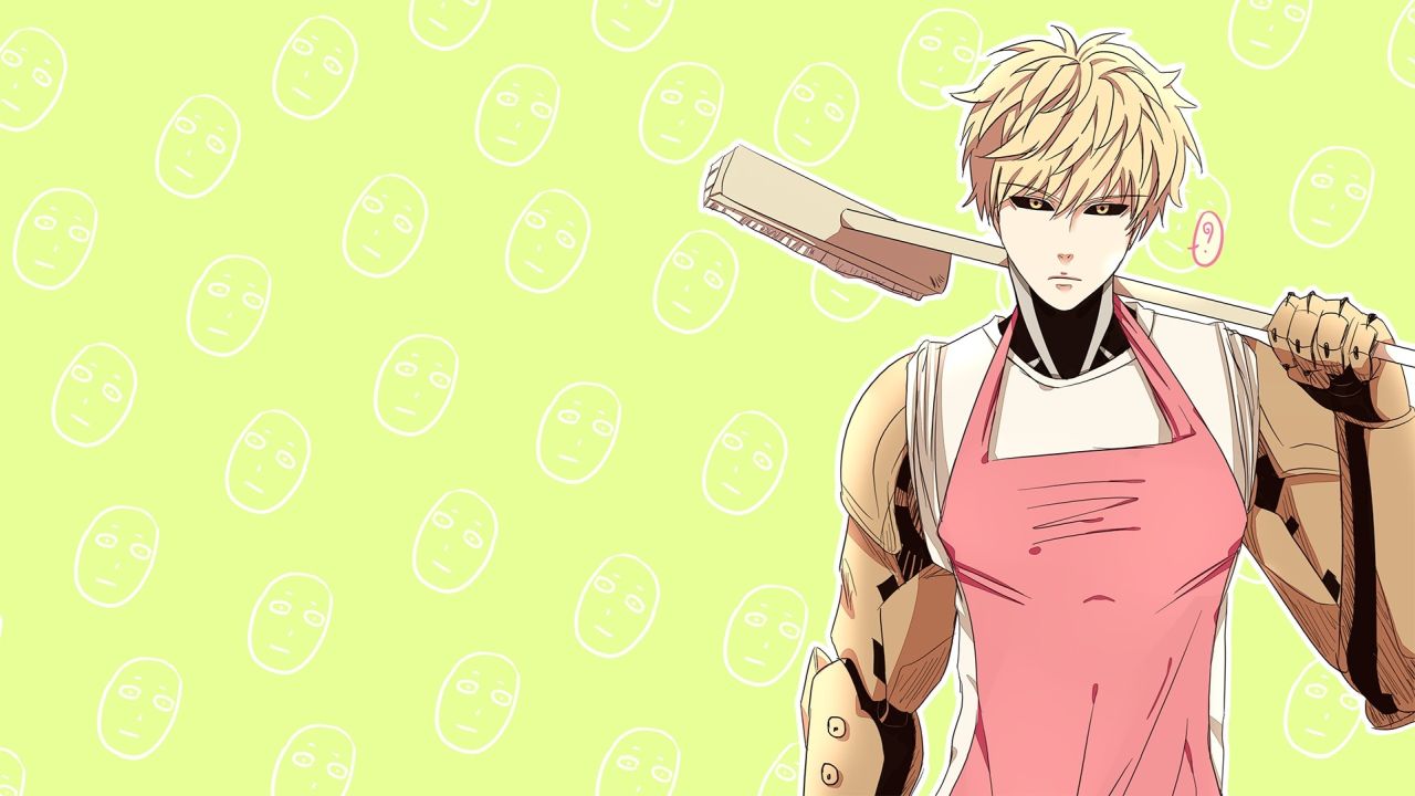 Genos from One-Punch Man in a pink apron holding a broom