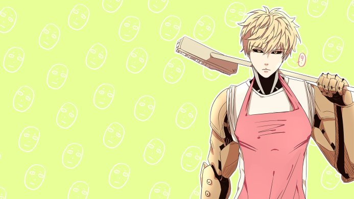 Genos from One-Punch Man in an apron with a cleaning tool, standing against a patterned light green background
