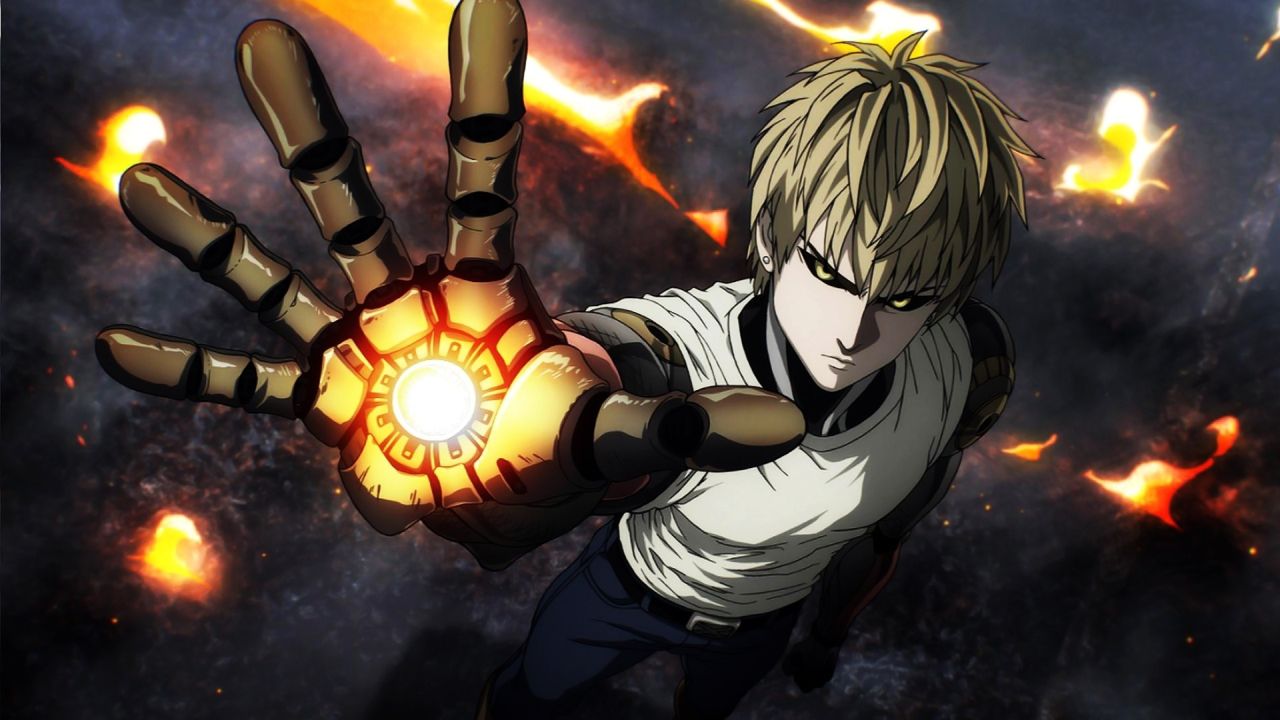 Genos from One Punch Man with glowing cyborg hand