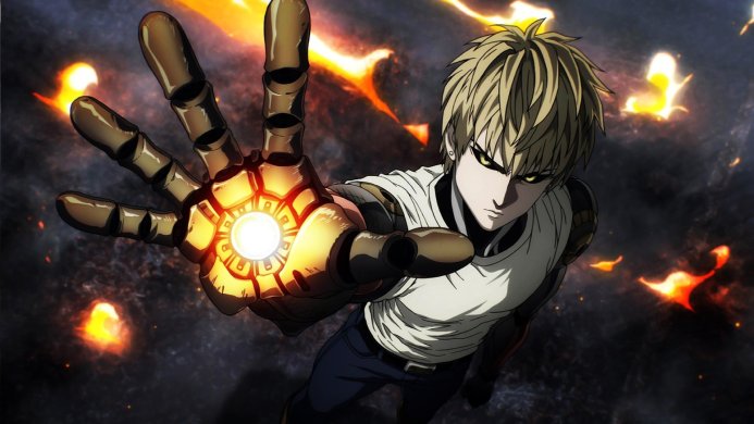 Genos from One-Punch Man with his cyborg arm glowing