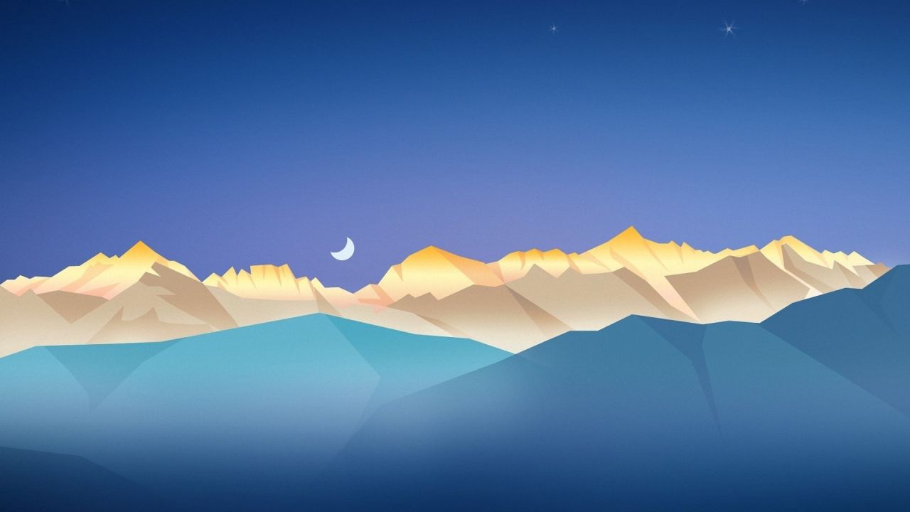 Stylized landscape mountains moon stars blue sky water