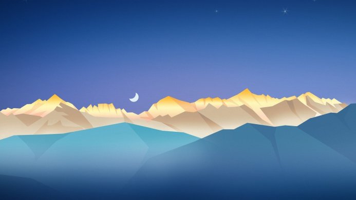 Geometric mountain landscape with a crescent moon and stars in a blue sky
