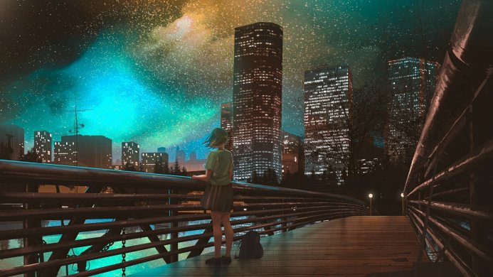 Girl standing on a bridge overlooking a city at night with a starry sky