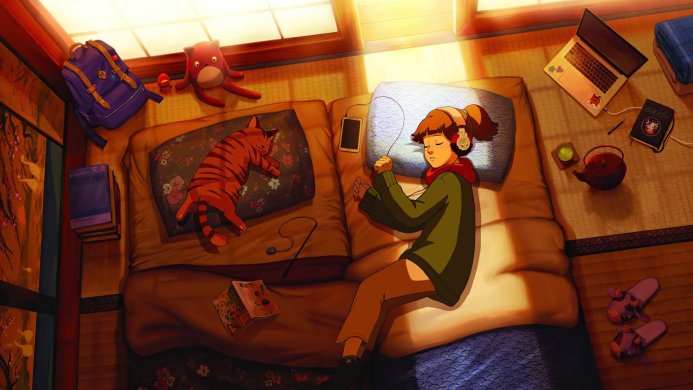 Girl relaxing in bedroom with cat, listening to music with headphones and a sleeping cat