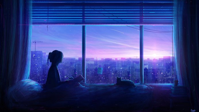 Girl writing in bed, cat, city view through a window at night in blue and violet tones