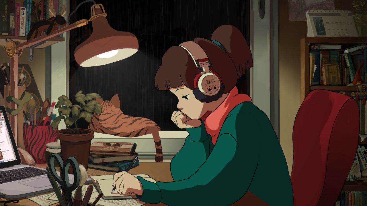 Lofi Girl studying at desk with headphones rain