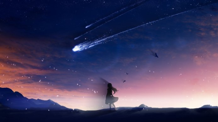 A girl under the night sky with comets and birds flying around