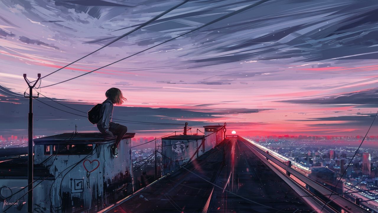 Young woman watches sunset over futuristic city