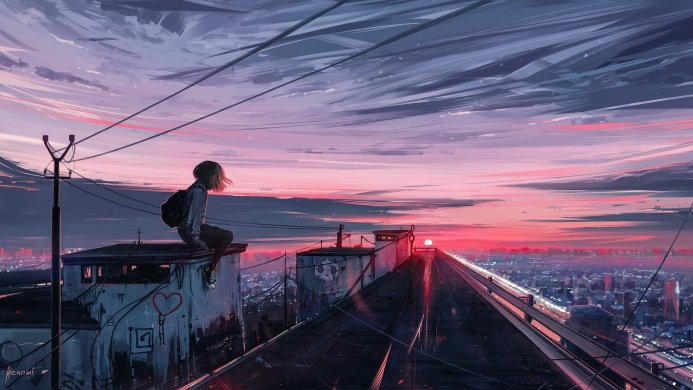 A girl sits on a rooftop overlooking a city at sunset, in a digital painting style