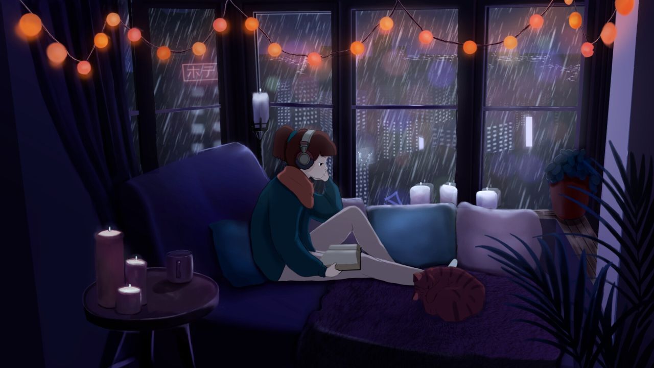 Person headphones reading window rainy night
