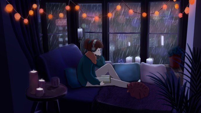 A girl reading a book by the window on a rainy night with a cat sleeping nearby