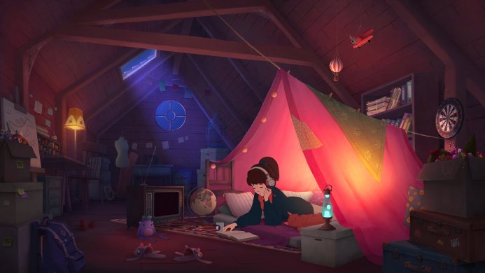 Girl reading in a tent in a cozy attic, surrounded by toys and personal belongings