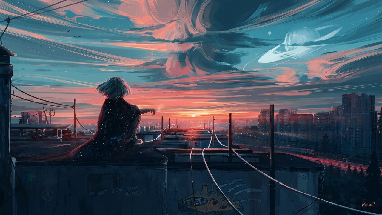 Person on rooftop watching sunset with UFO over city