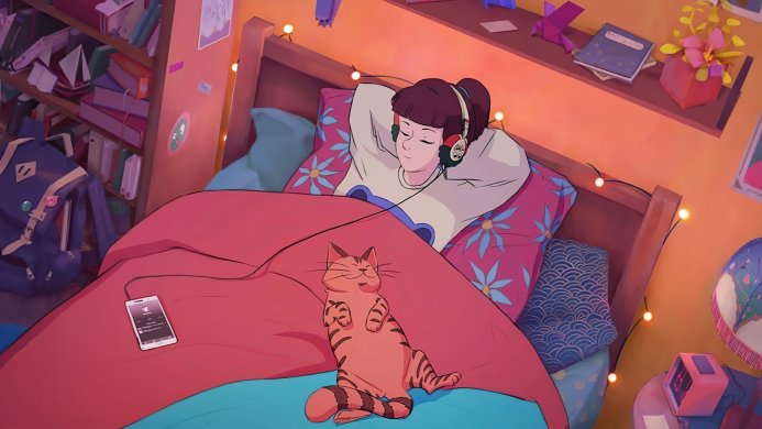 A girl sleeping in bed with her cat listening to music with headphones on in a cozy room