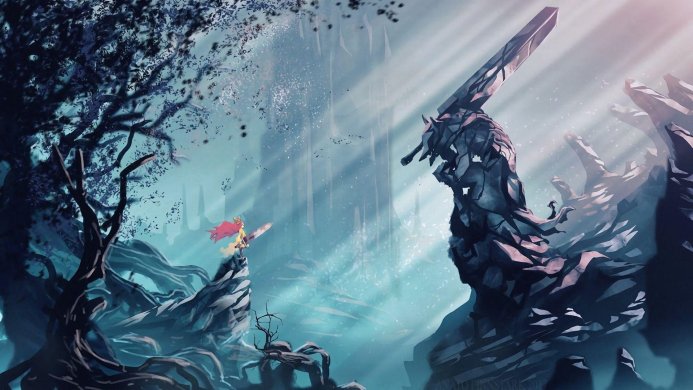 A girl with a sword on the background of a large sword