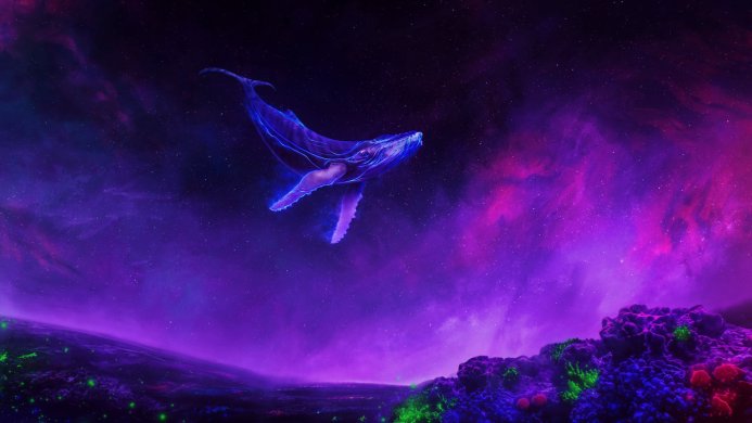 A glowing blue whale floats in a purple space scene with green coral-like formations below
