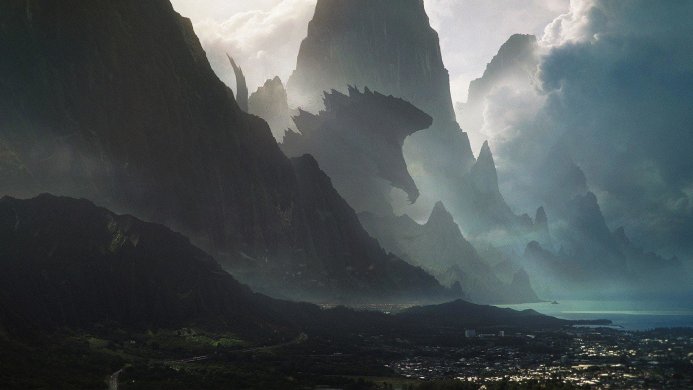 Godzilla-shaped mountain looming over a city in a dramatic landscape