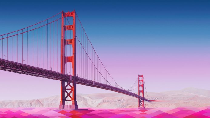 The Golden Gate Bridge in San Francisco with a pink and blue color scheme