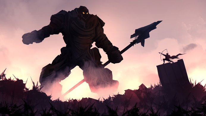 A giant golem with an archer on a stone structure against a sunset sky