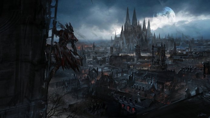 A knight climbing a wall overlooking a dark, gothic city under a full moon
